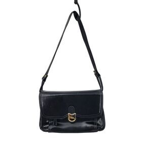 Vintage 60s Handbag Black Leather Shoulder Bag ‎ Adjustable Strap Brass Hardware